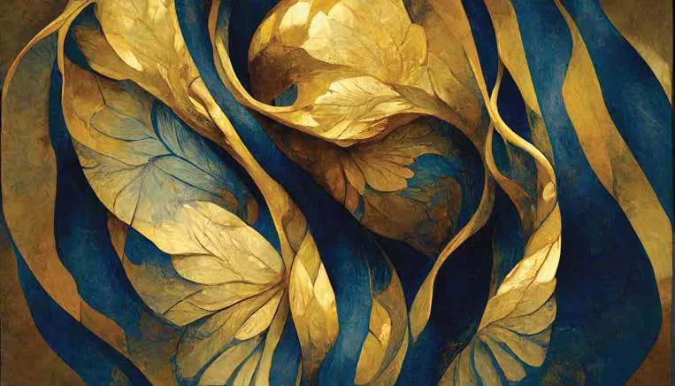 Papier Peint Abstrait Feuilles Dorées et Bleues