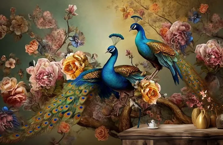 Papier Peint Paons et Fleurs Élégantes