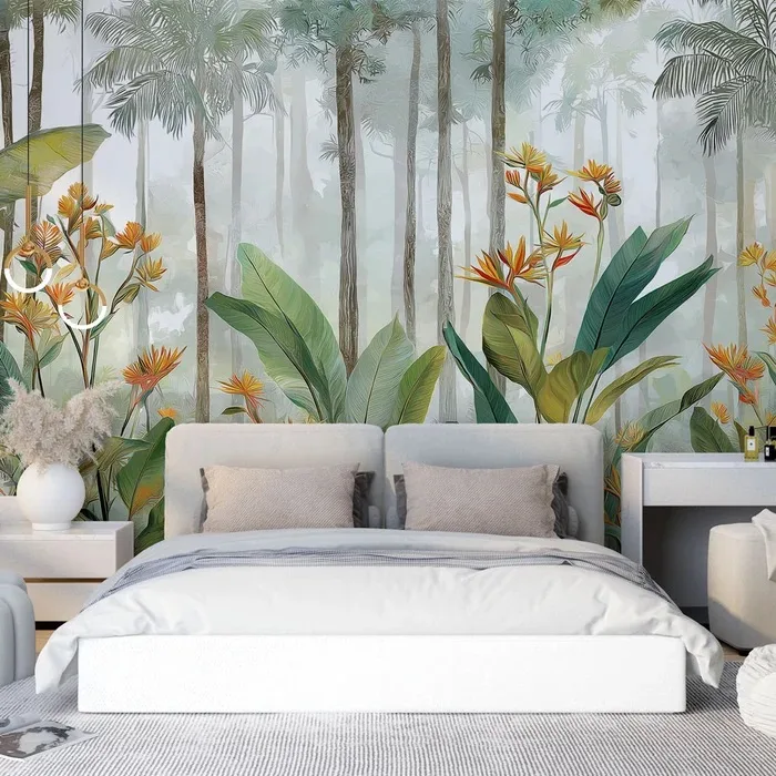 Fleurs exotiques et feuillage luxuriant dans un environnement brumeux
