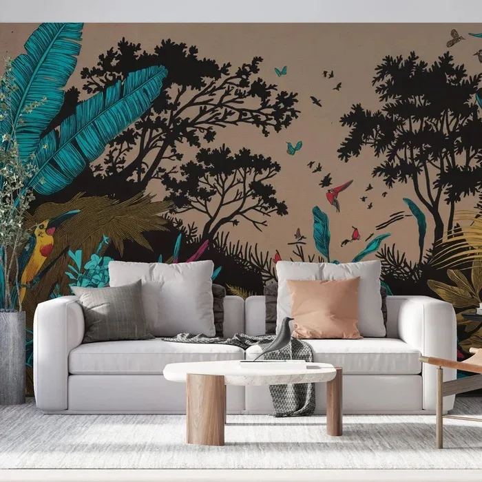 Jungle colorée avec oiseaux exotiques